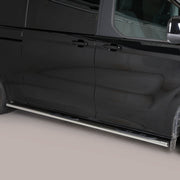 A black side view of a minivan with chrome wheels and a black side step bar installed along the lower side door.